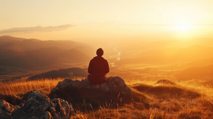 Person sitting on rock during sunset with view of rolling hills