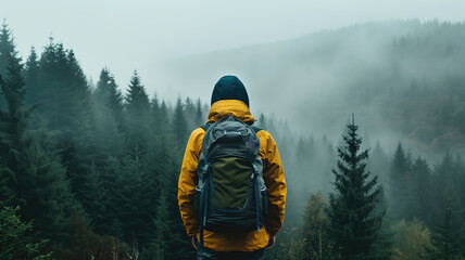 Person in yellow jacket and backpack facing misty forest - obrazy, fototapety, plakaty
