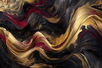 Waves of lustrous metallic gold intertwine with deep shades of ruby red and jet black, forming an abstract masterpiece against a velvety matte black canvas. - obrazy, fototapety, plakaty