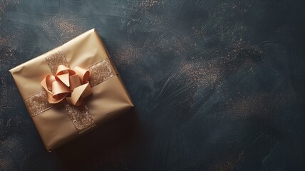 Golden gift box with ribbon on dark textured background