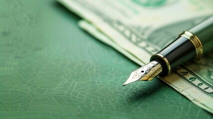 Fountain pen on US currency over financial documents - obrazy, fototapety, plakaty