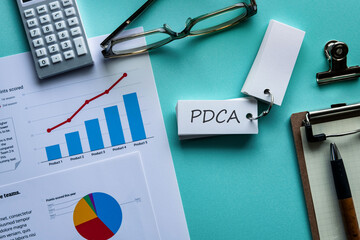 There is word card with the word PDCA. It is an abbreviation for Plan, Do, Check, Act as...