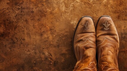 Cowboy boots on dusty ground from top view