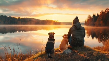 Person and two dogs sitting by serene lake at sunrise