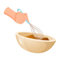 Process of preparing food with human hand that mixing ingredients in bowl isolated on white background.
