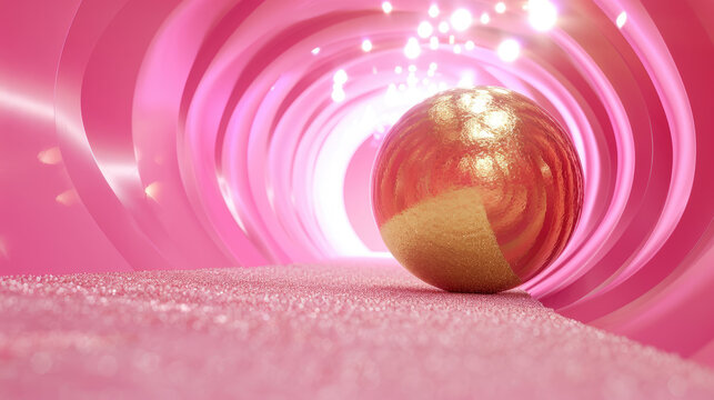 Golden Passage Sphere Emerges from Pink 3D  3D Render Of Golden Sphere Emerging From Pink Tunnel
