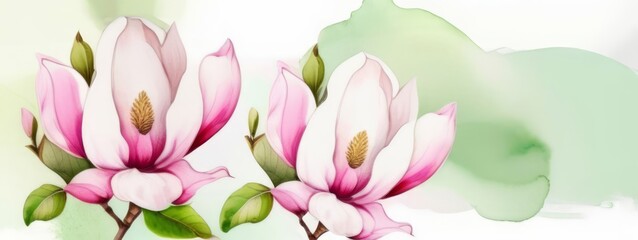 Magnolia and green leaves on white a beautiful painting