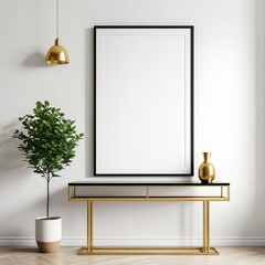 Interior poster mockup with vertical gold metal frame on the console table with green tree branch in vase and lamp on empty white wall background. 