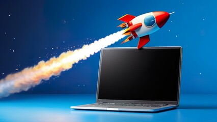 Laptop and rocket flying from the screen, blue background with space for text, startup concept