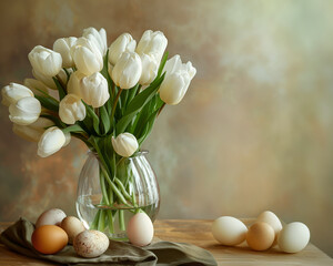 Happy Easter. Tulips and Easter Eggs Vase Display - 786714072