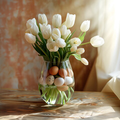 Happy Easter. Tulips and Easter Eggs Vase Display - 786714077