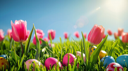 A bright Easter morning scene with pink tulips peering out of a colorful assortment of Easter eggs scattered across a lush green grass field - 786714078