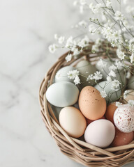 Nest of soft colored speckled Easter eggs lies among delicate blossoms and feathers - 786714090