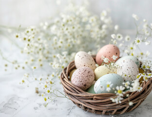 Nest of soft colored speckled Easter eggs lies among delicate blossoms and feathers - 786714091