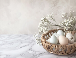 Nest of soft colored speckled Easter eggs lies among delicate blossoms and feathers - 786714095