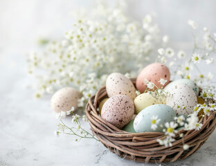 Nest of soft colored speckled Easter eggs lies among delicate blossoms and feathers - 786714096