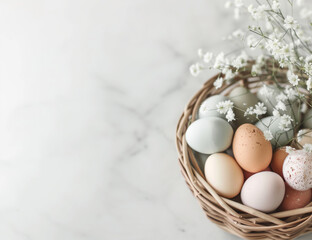 Nest of soft colored speckled Easter eggs lies among delicate blossoms and feathers - 786714098