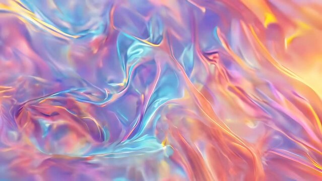 A close-up recording captures the dance of iridescent liquids as they swirl together, creating a tapestry of radiant colors. The fluid motion and blending of colors showcase a stunning play of lights