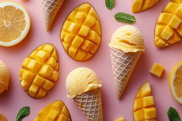 A pink surface with ice cream oranges and slices of fruit on it all arranged in a pattern food