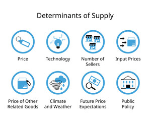 Determinants Of Supply in Economics for price, technology, number of sellers, input prices, government, weather