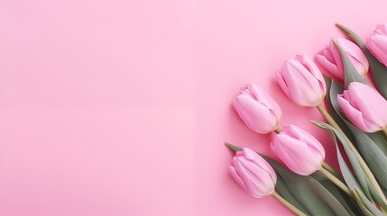 Pink tulips arranged elegantly on a soft pastel pink background with plenty of copy space
