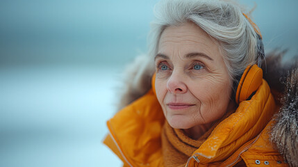 a serene elderly woman wearing a yellow winter jacket and earmuffs. She has a contemplative expression and appears to be outdoors in a snowy environment.  - obrazy, fototapety, plakaty