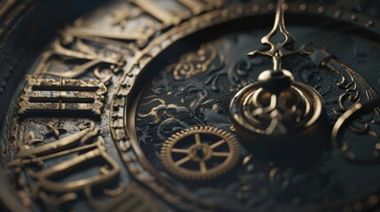 Fototapeta na wymiar Macro view of antique grandfather clock face with visibly moving hands against dark textured backdrop accentuating timeworn sophistication.