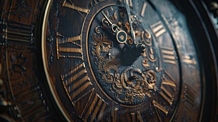 Fototapeta na wymiar Close-up of an antique grandfather clock face, hands visibly ticking. Dark textured background emphasizes the timeworn elegance.