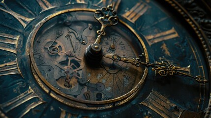 Highly detailed macro view of grandfather clock's intricate ticking dial face contrasted against darkly textured background emphasizing its sophisticated timeworn style. - obrazy, fototapety, plakaty