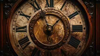Tight close-up shot of vintage grandfather clock's ticking face set against rich dark textured background underscoring its weathered elegant character. - obrazy, fototapety, plakaty