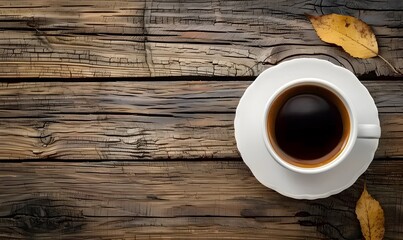 a white cup of coffee on wooden table, in the style of aerial view