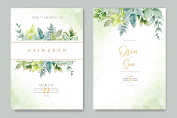 wedding invitation card with green leaves watercolor 