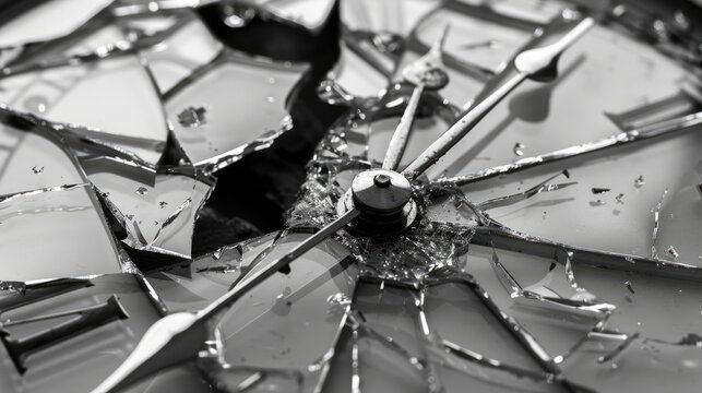 Close-up of a shattered clock face, hands frozen in place. Image symbolizes disruption or loss of time.