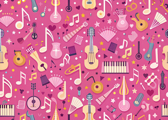 Seamless pattern with musical instruments on pink background. Vector illustration.