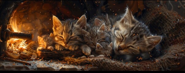 Kittens Asleep by the Warmth of a Wood Stove