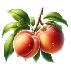 Two ripe peaches on a white and transparent background
