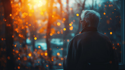 An elderly person sitting by a window, looking out at the raindrops falling outside. 