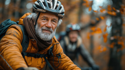 In the image, there is an elderly man wearing a helmet and a yellow jacket. He appears to be outdoors, possibly on a biking trail, with autumn foliage in the background.