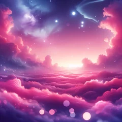 Foto auf Acrylglas Holographic fantasy rainbow unicorn background with clouds and stars. Pastel color sky. Magical landscape, abstract fabulous pattern. Cute candy wallpaper. Vector.  © Fabian