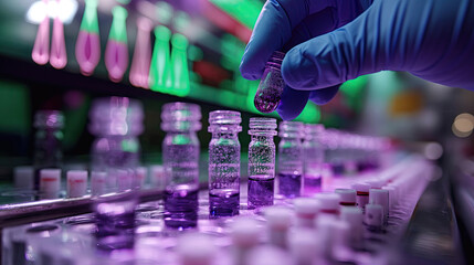 A gloved hand holding a vial filled with a purple liquid in a laboratory setting. There are other vials arranged on a tray in the background, illuminated by purple and green lights. - obrazy, fototapety, plakaty