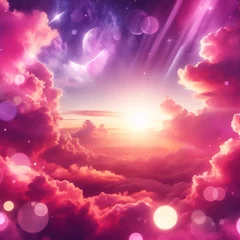 Foto op Plexiglas anti-reflex Holographic fantasy rainbow unicorn background with clouds and stars. Pastel color sky. Magical landscape, abstract fabulous pattern. Cute candy wallpaper. Vector.  © Fabian