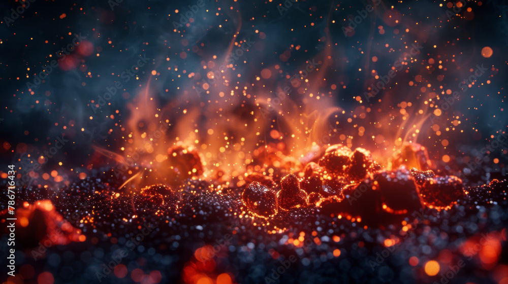 Poster abstract background capturing the intense heat and dynamic movement of fiery embers and sparks.