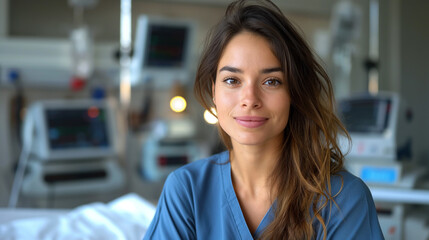 A young woman wearing medical scrubs, with a warm smile, in a hospital setting. - obrazy, fototapety, plakaty