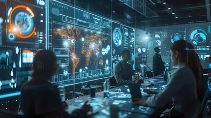 digital room holographic displays global maps cyber marines analyzing data computers advanced technology AI business intelligence operations HighTech background people open discussion tech security 