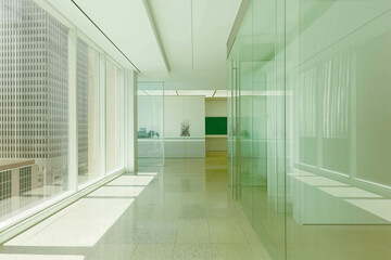 Fototapeta premium Streamlined Minimalist Office with Functional Spaces, Bright White and Green Palette in a Chicago High-Rise
