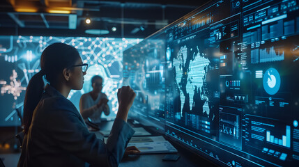 A woman is working on an AI data visualization screen in front of her, while two men look at the display and highlight it with their hands