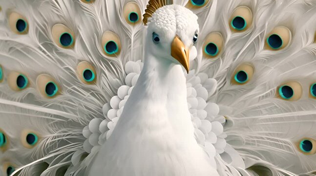 White peacock with feathers out  close up
