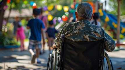 Obraz premium A war veteran sitting in a wheelchair, watching children play happily