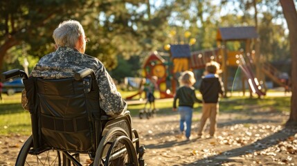 A war veteran sitting in a wheelchair, watching children play happily