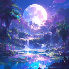 Enchanting Nighttime Landscape with Waterfall, Birds, and Palms in a Tropical Paradise
